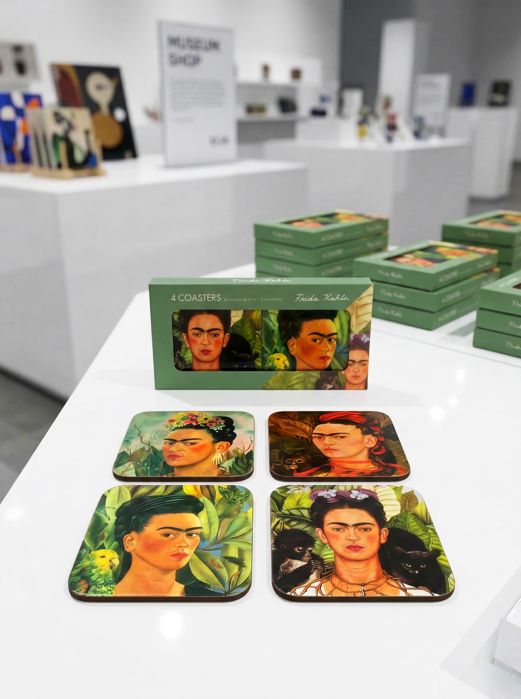 Coaster Set Self Portrait Frida Kahlo – art coaster gift in eco-friendly packaging | ArtyGifts
