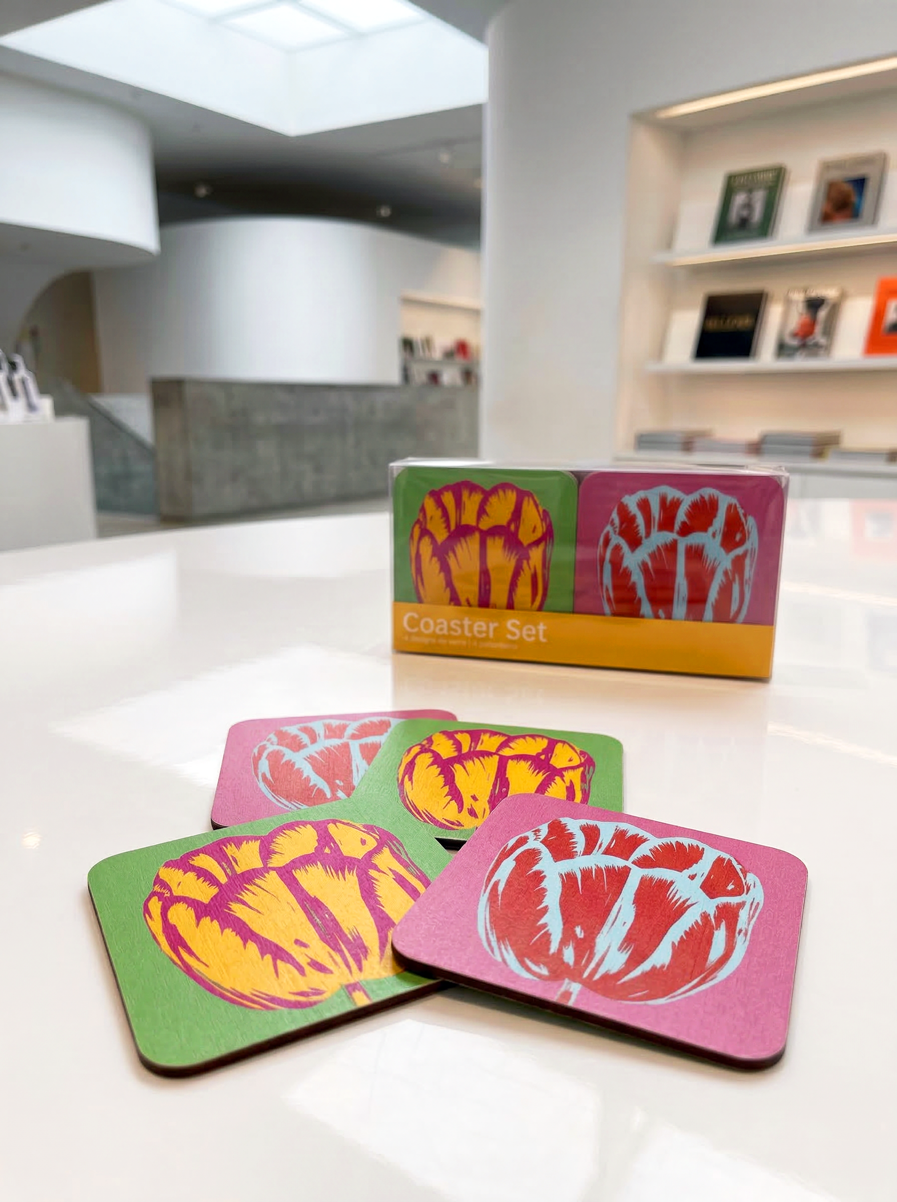 Coaster Set of 4 Modern Tulips – art coaster gift in eco-friendly packaging | ArtyGifts
