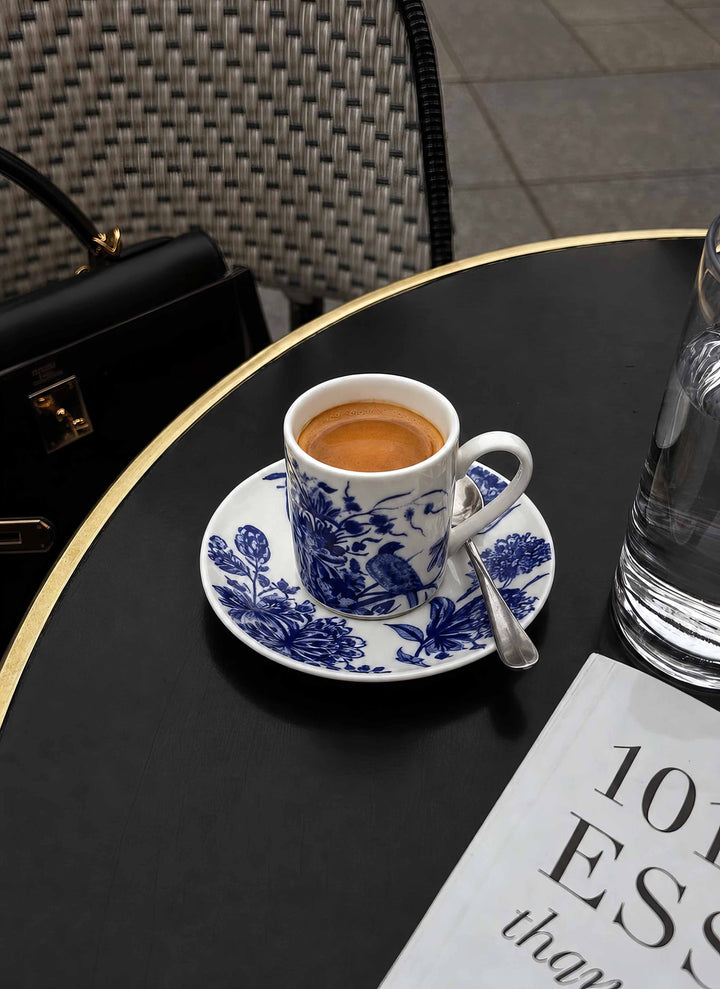 Delft Blue Birds espresso cup and saucer on dark table — Rijksmuseum x ArtyGifts museum tableware
