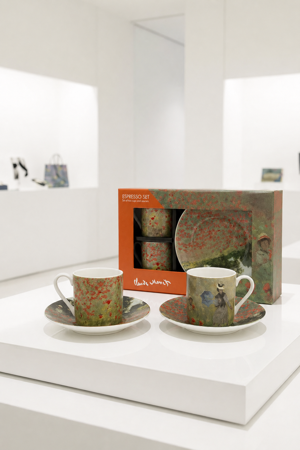Espresso set with 2 cups and 2 saucers featuring the Field with Poppies design by Claude Monet — ArtyGifts
