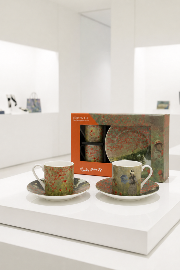 Espresso set with 2 cups and 2 saucers featuring the Field with Poppies design by Claude Monet — ArtyGifts

