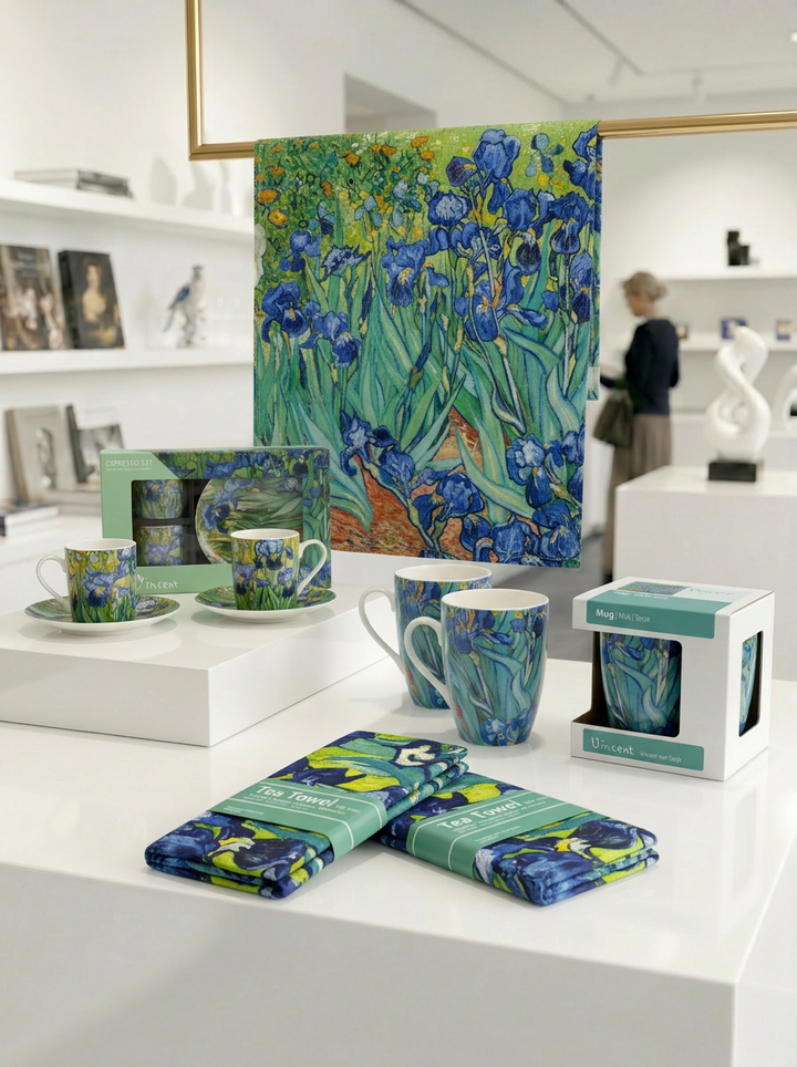Coffee and Tea Kitchen Gift Set with Irises design by Vincent van Gogh, including mugs, espresso set and tea towels — ArtyGifts
