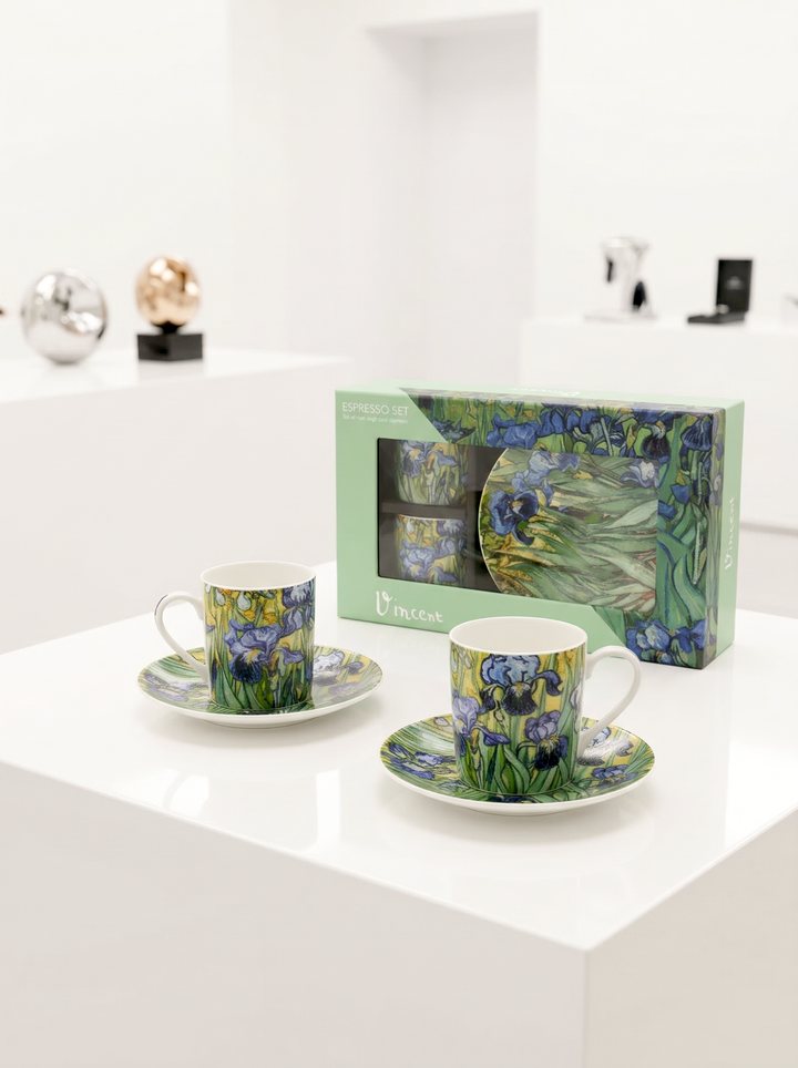 Espresso set with 2 cups and 2 saucers featuring the Irises design by Vincent van Gogh — ArtyGifts
