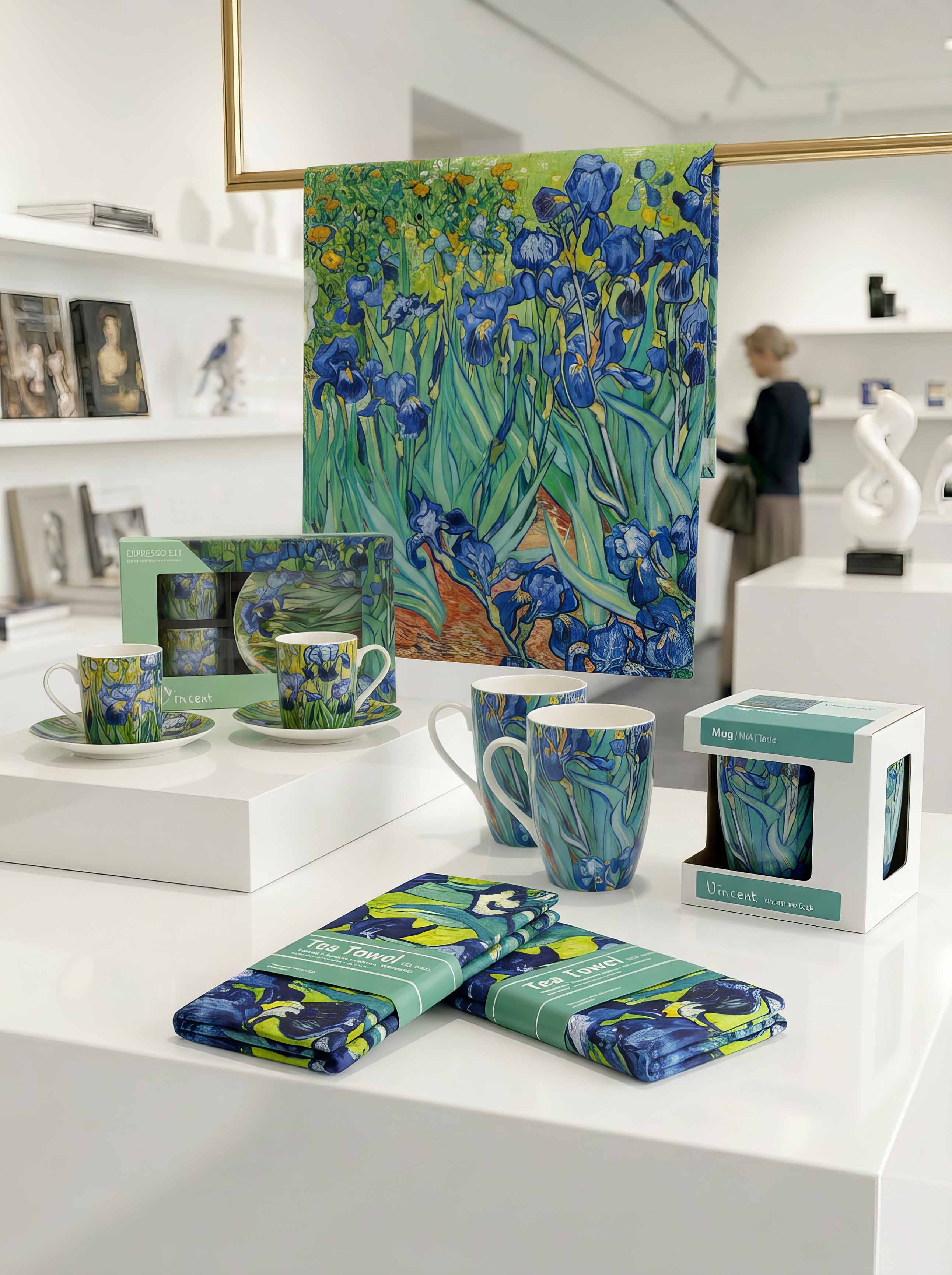 Irises coffee and tea gift set collection by Vincent van Gogh displayed in museum shop — mug, espresso set and tea towels with museum visitor in background | ArtyGifts
