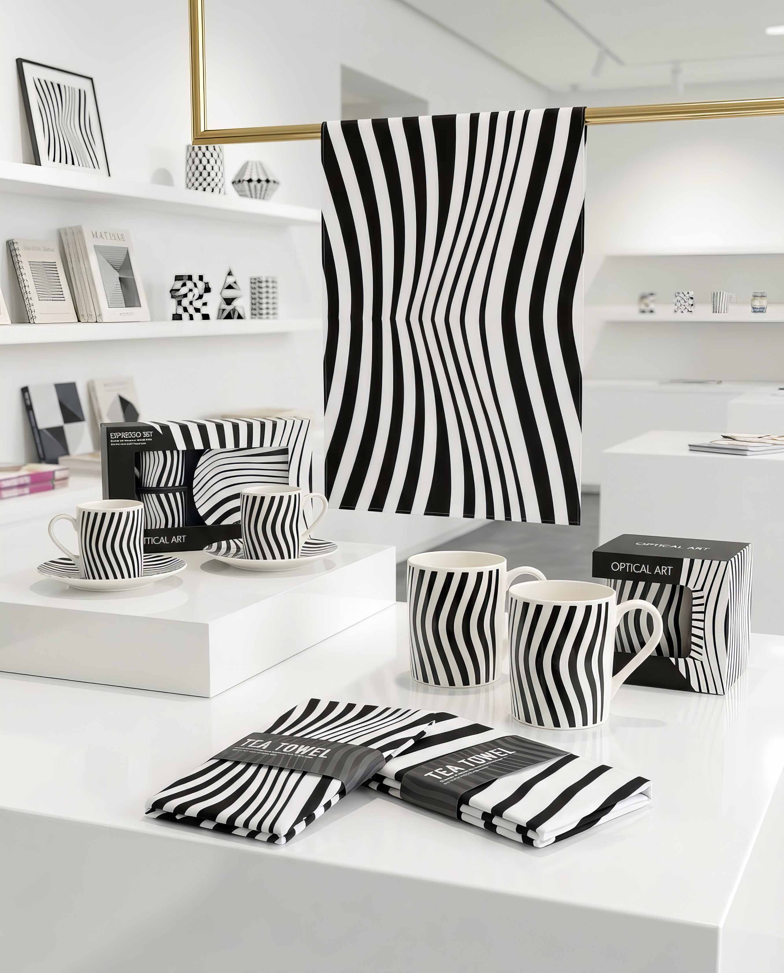 Optical Art coffee and tea gift set collection displayed in museum shop — mug, espresso set and tea towels with bold black and white stripe design | ArtyGifts
