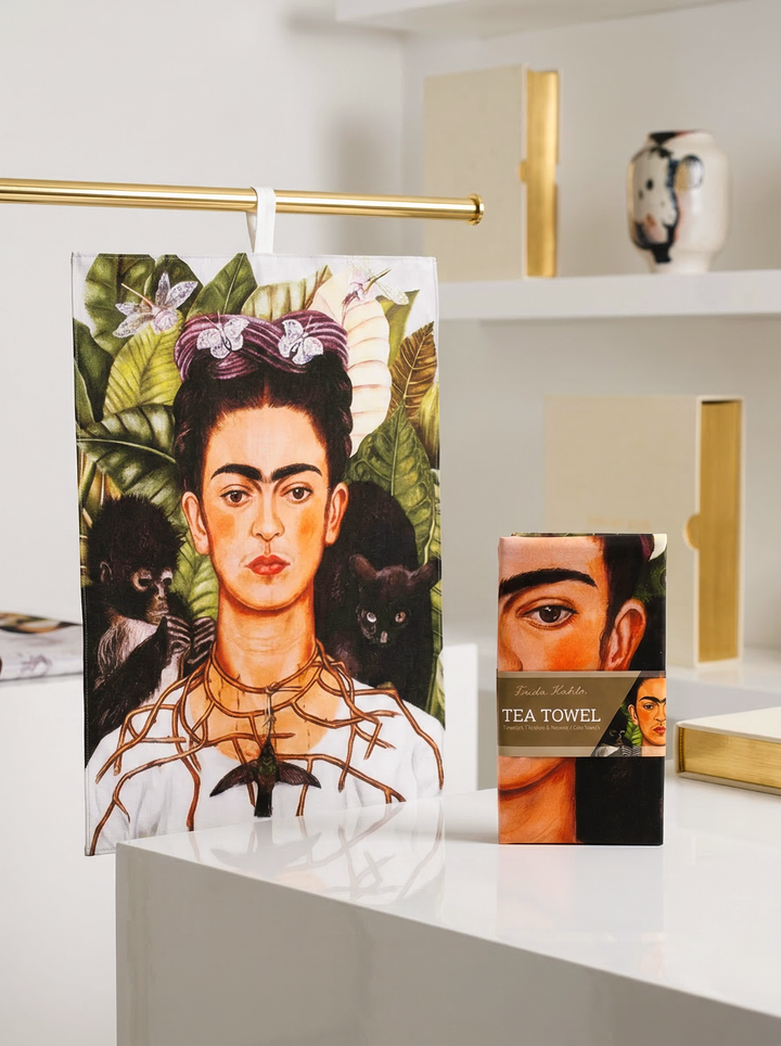 Coffee and Tea Kitchen Gift Set with Self Portrait design by Frida Kahlo displayed alongside the original artwork — ArtyGifts

