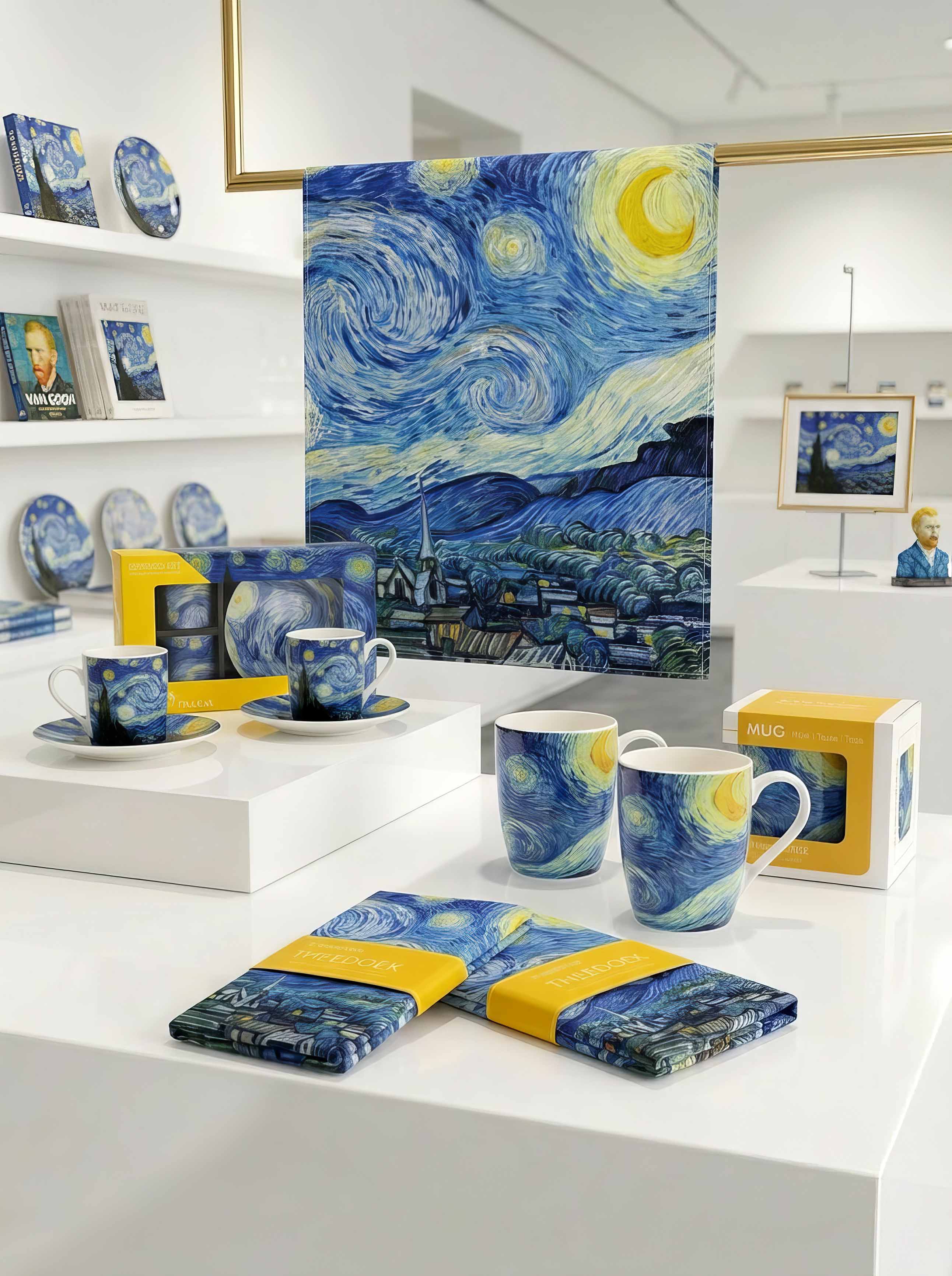 Starry Night coffee and tea gift set collection by Vincent van Gogh displayed in museum shop — mug, espresso set and tea towels with Van Gogh books in background | ArtyGifts
