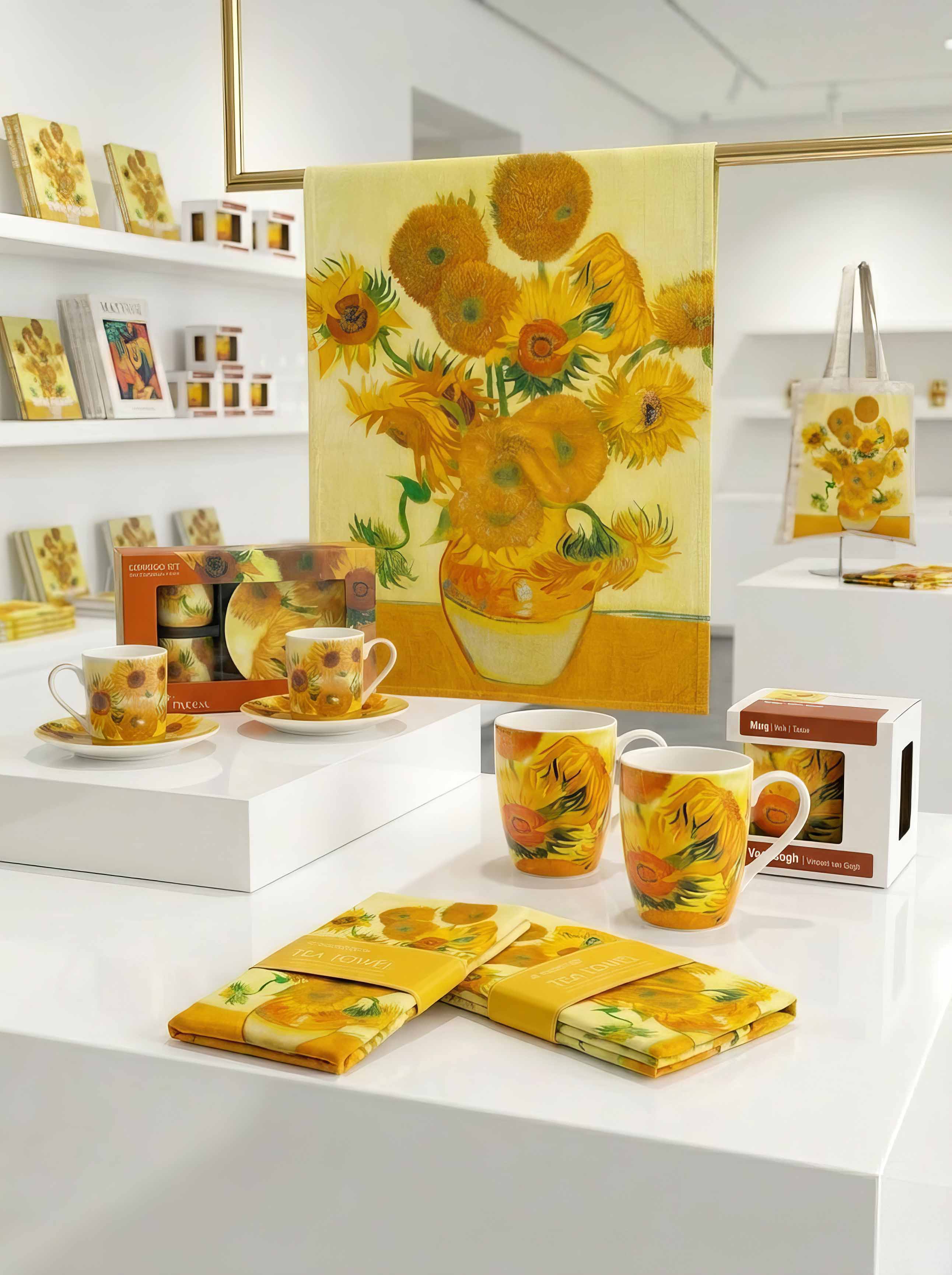 Sunflowers coffee and tea gift set collection by Vincent van Gogh displayed in museum shop — mug, espresso set, tea towels and tote bag | ArtyGifts
