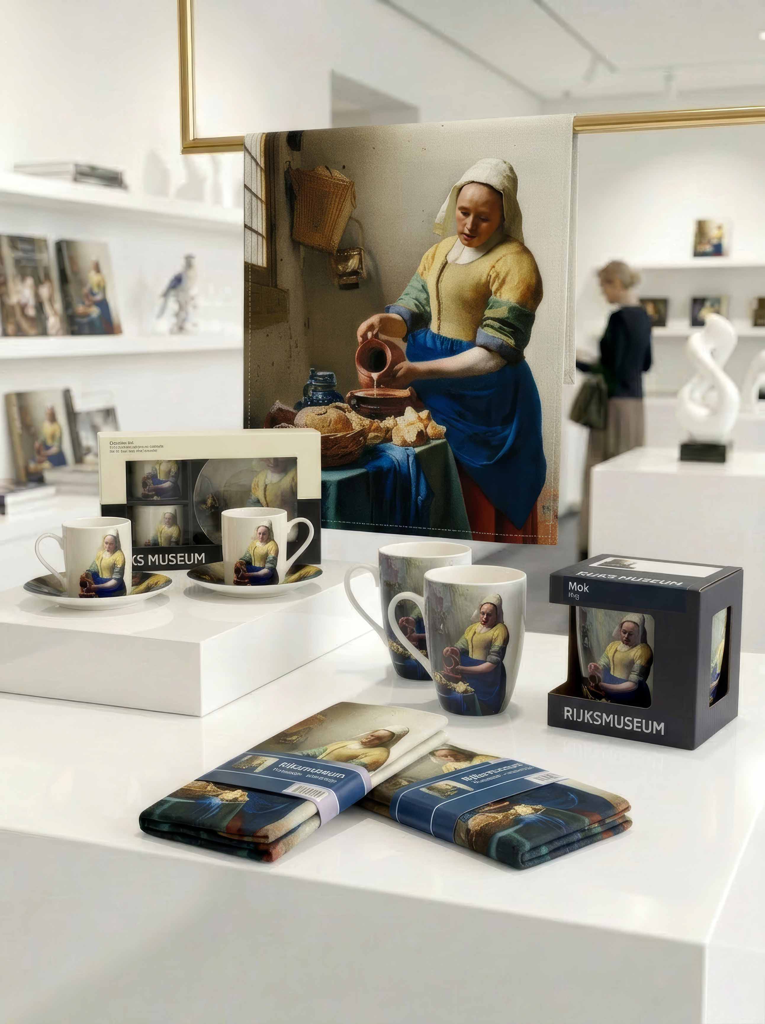 The Milkmaid coffee and tea gift set collection by Johannes Vermeer displayed in Rijksmuseum shop — mug, espresso set and tea towels with museum visitor in background | ArtyGifts
