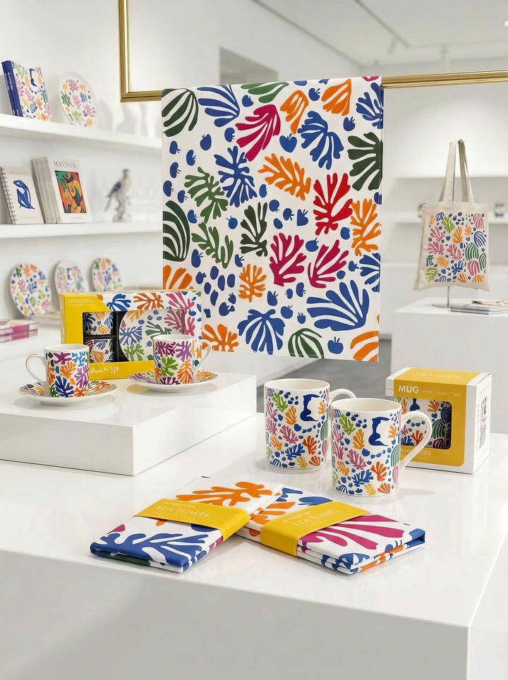 The Parakeet and the Mermaid coffee and tea gift set collection by Henri Matisse displayed in museum shop — mug, espresso set, tea towels and tote bag | ArtyGifts

