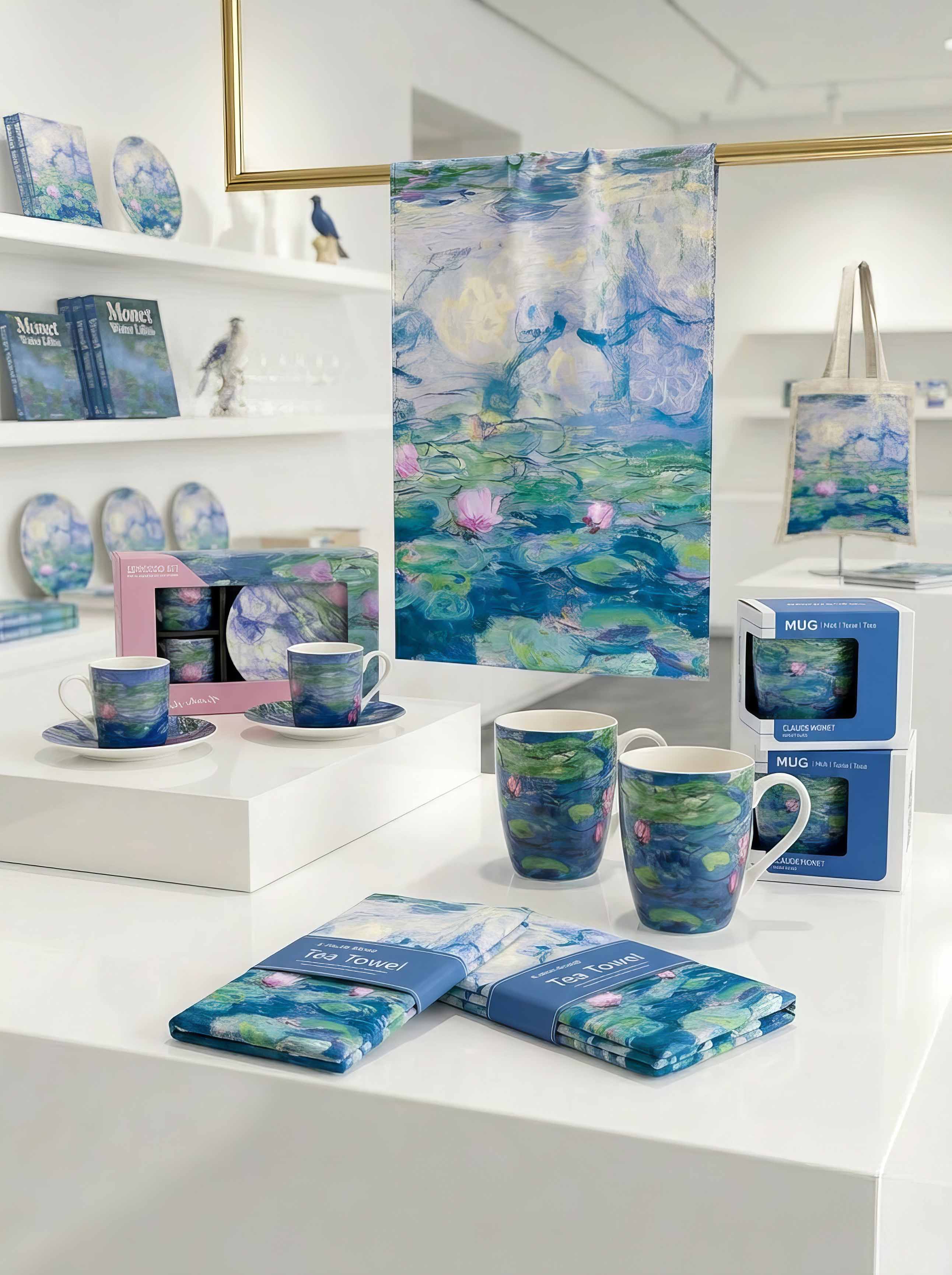 Water Lilies coffee and tea gift set collection by Claude Monet displayed in museum shop — mug, espresso set, tea towels and gift box | ArtyGifts

