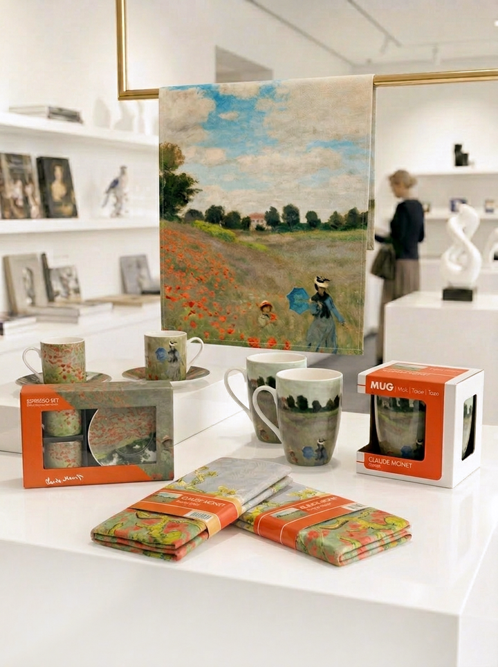 Coffee and Tea Kitchen Gift Set with Field with Poppies design by Claude Monet, including mugs, espresso set and tea towels — ArtyGifts
