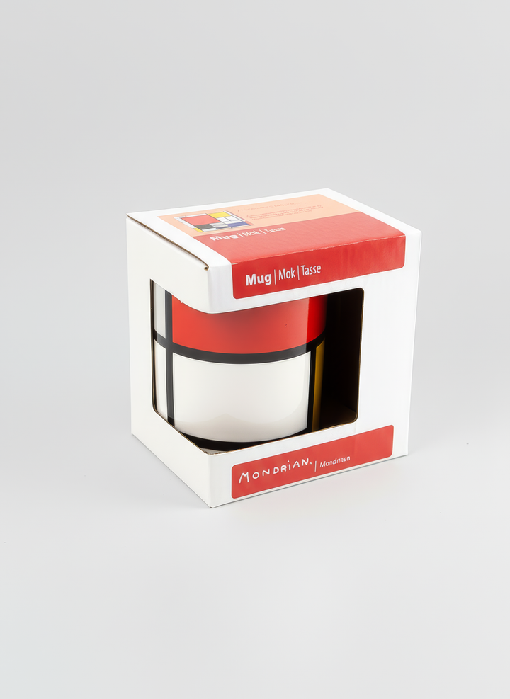 Mondrian museum gift Composition Red Blue Yellow art mug in luxury gift box – museum-licensed Mondrian gift from ArtyGifts