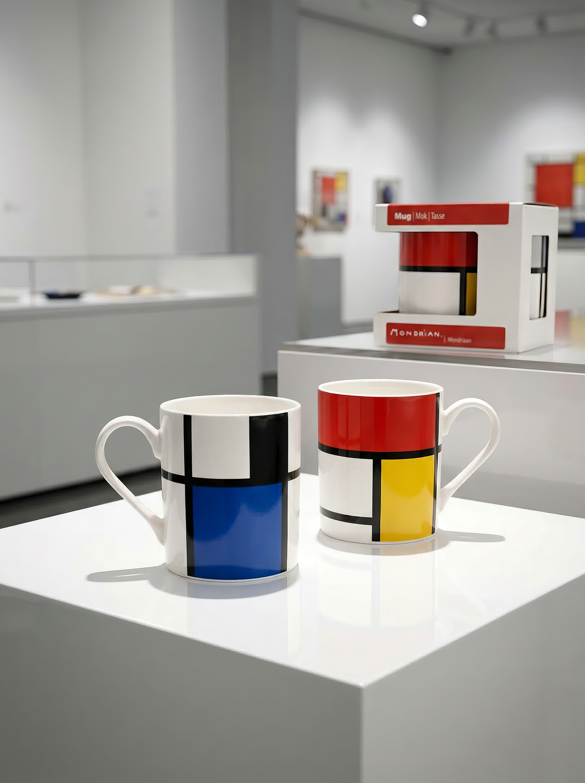 Mondrian museum gift Composition Red Blue Yellow art mug in museum setting – premium Mondrian museum gift from ArtyGifts