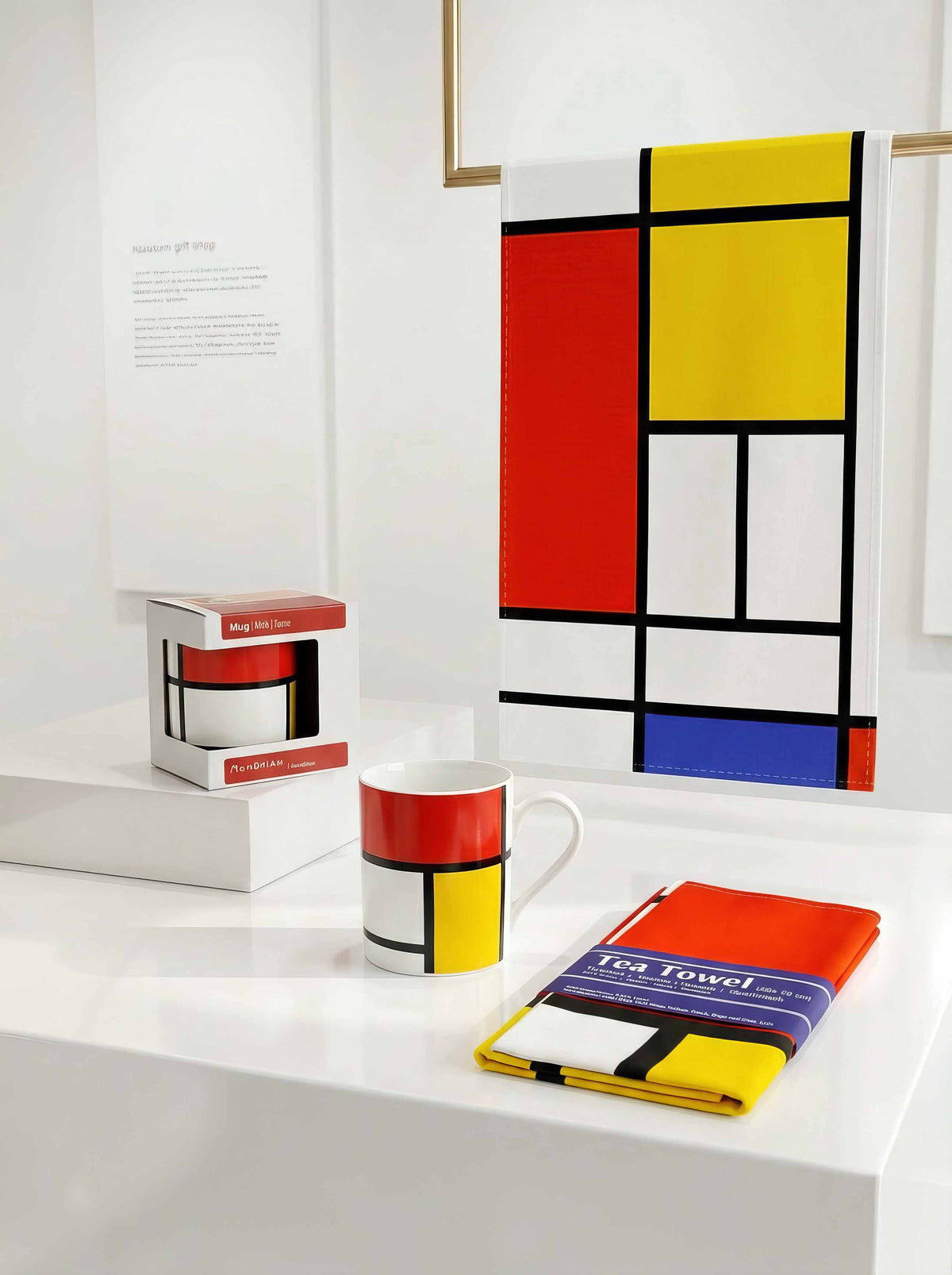 Mondrian museum gift Composition Red Blue Yellow art mug and tea towel gift set lifestyle – museum-licensed Mondrian gift from ArtyGifts