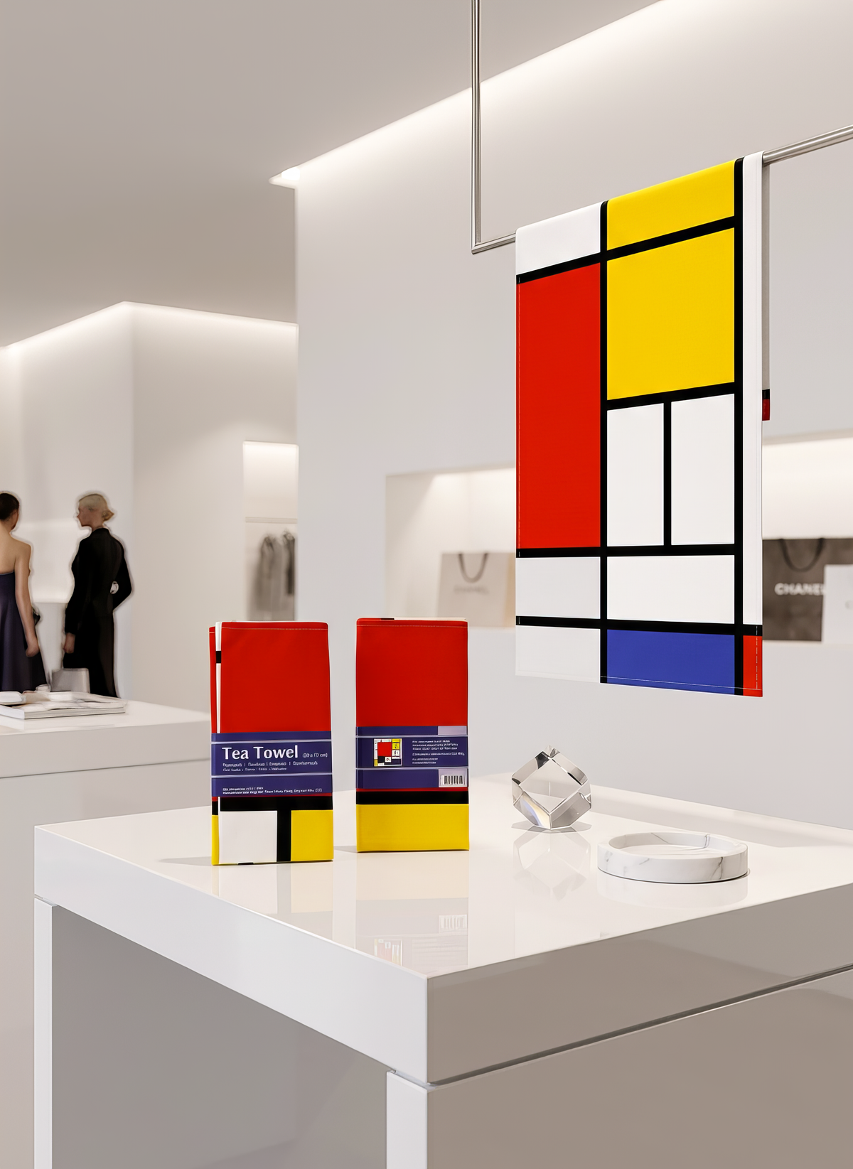Mondrian museum gift Composition Red Blue Yellow art mug and tea towel in museum setting – museum-licensed Mondrian gift from ArtyGifts