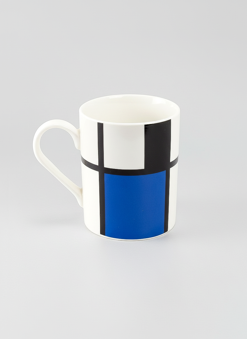 Mondrian Composition Red Blue and Yellow porcelain mug – blue detail view, ArtyGifts