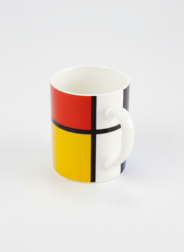 Mondrian Composition Red Blue and Yellow porcelain mug side view – art gift, ArtyGifts