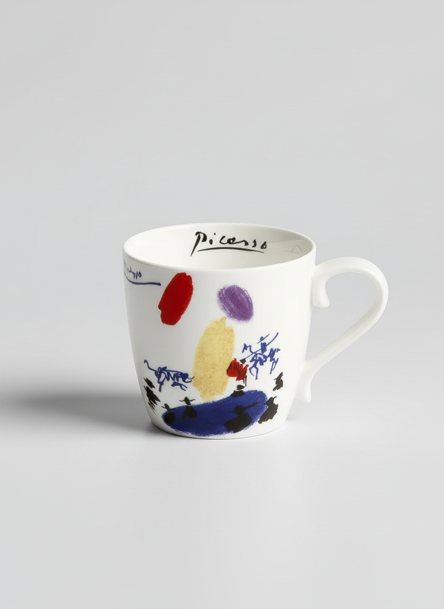 Picasso Corrida porcelain mug front view – colorful bullfighting art design, ArtyGifts
