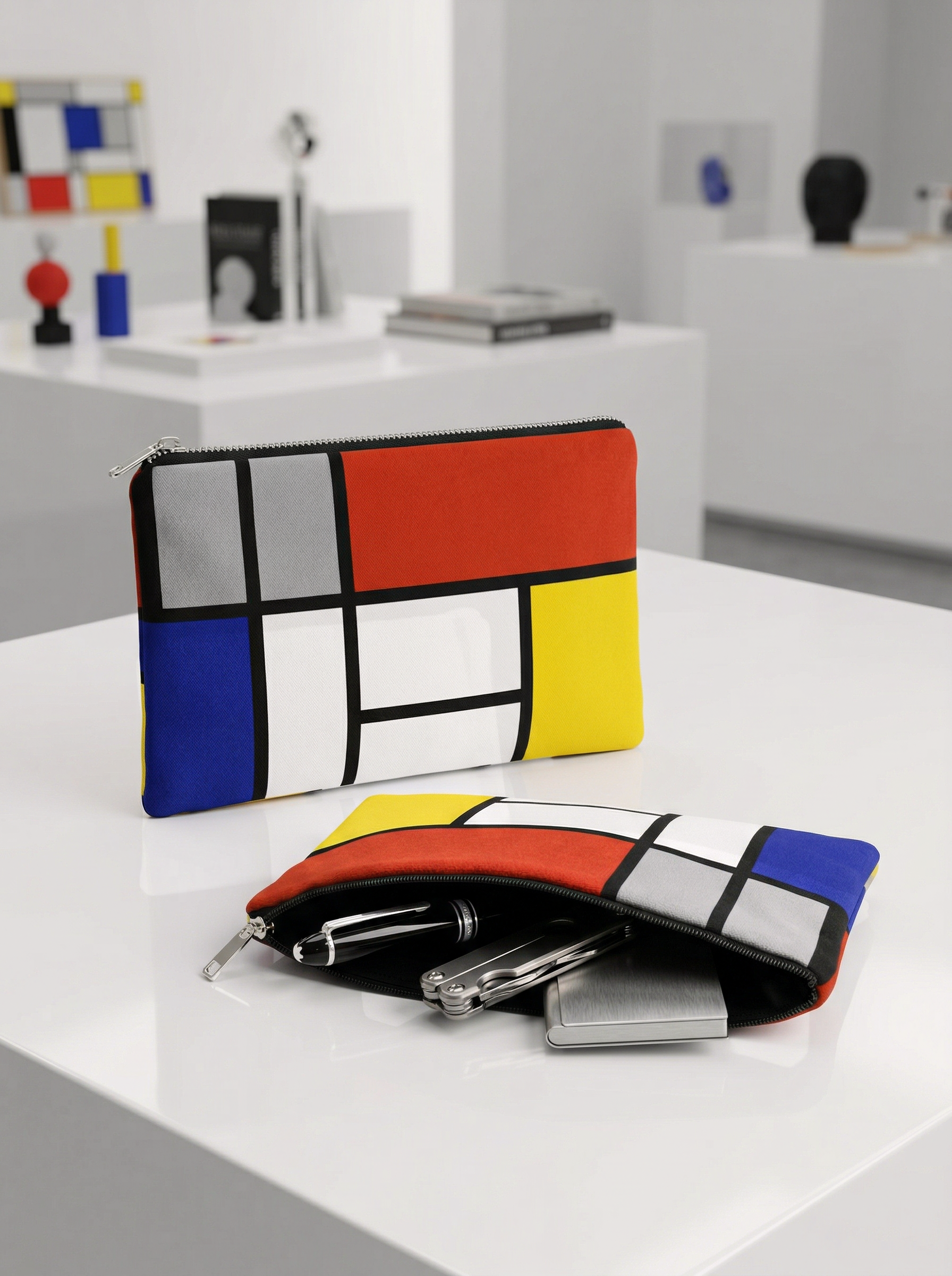 Cosmetic & Travel Bag Composition Red Blue and Yellow Piet Mondrian – displayed in museum shop | ArtyGifts
