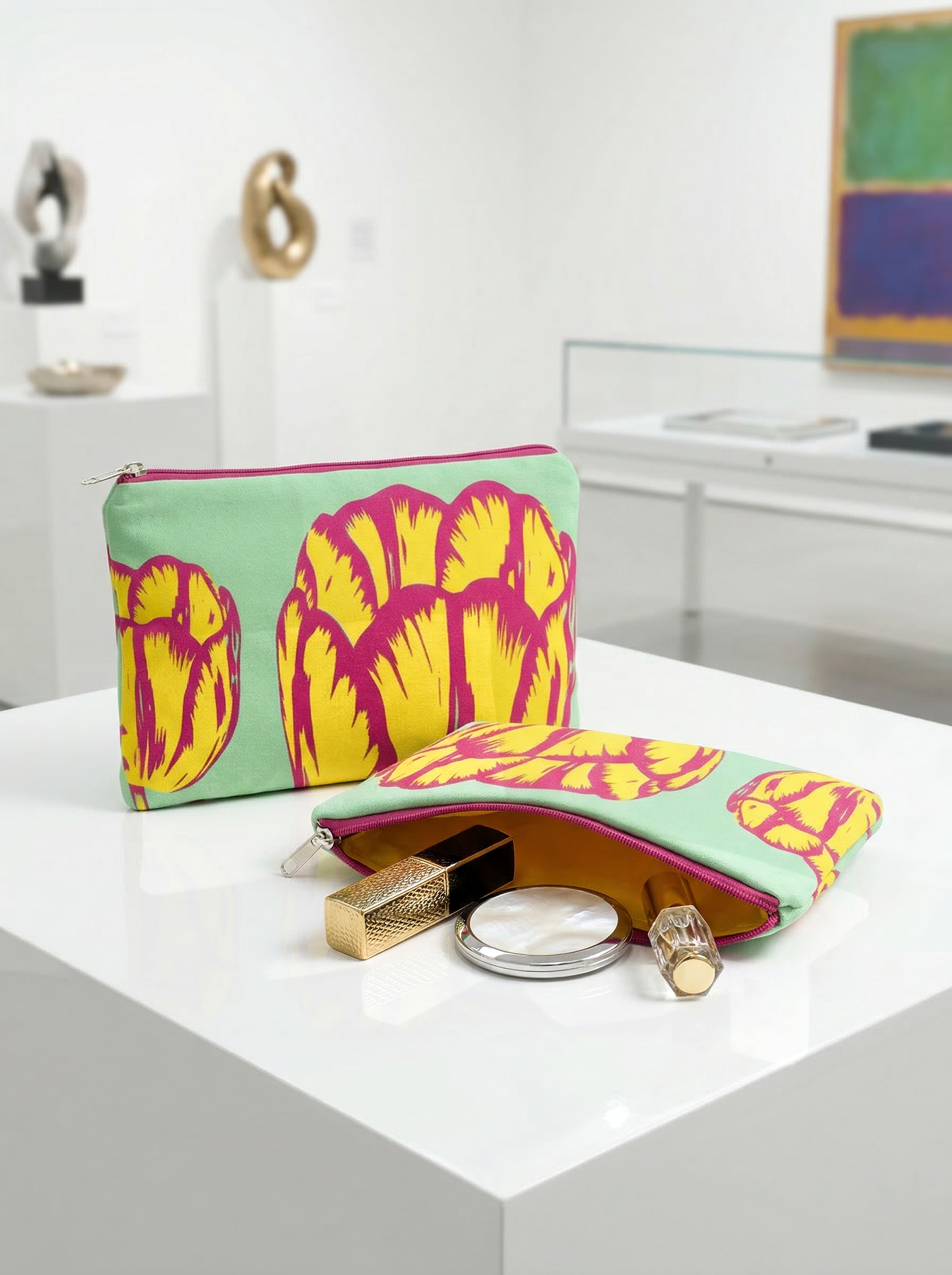 Cosmetic & Travel Bag Modern Tulips Yellow – displayed in museum shop | ArtyGifts
