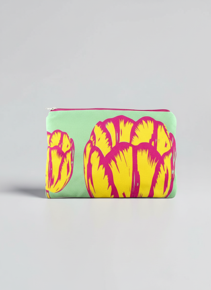 Cosmetic & Travel Bag Modern Tulips Yellow – art makeup bag detail | ArtyGifts
