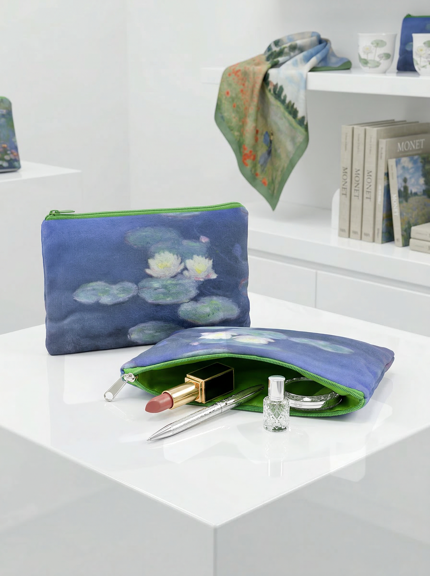 Cosmetic & Travel Bag Water Lilies in Evening Light Claude Monet – displayed in museum shop | ArtyGifts
