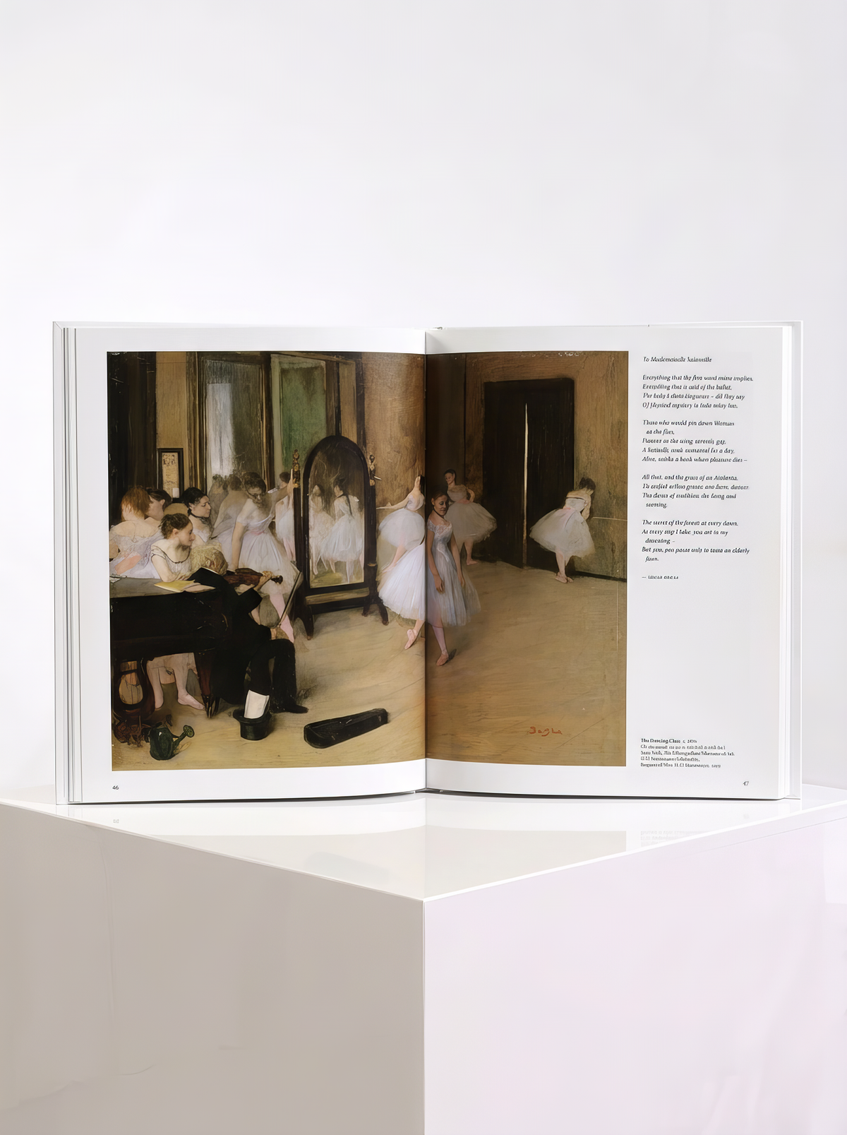 Open TASCHEN Degas art book showing a ballet class painting across two pages, with dancers, a seated violinist and text along the right side.

