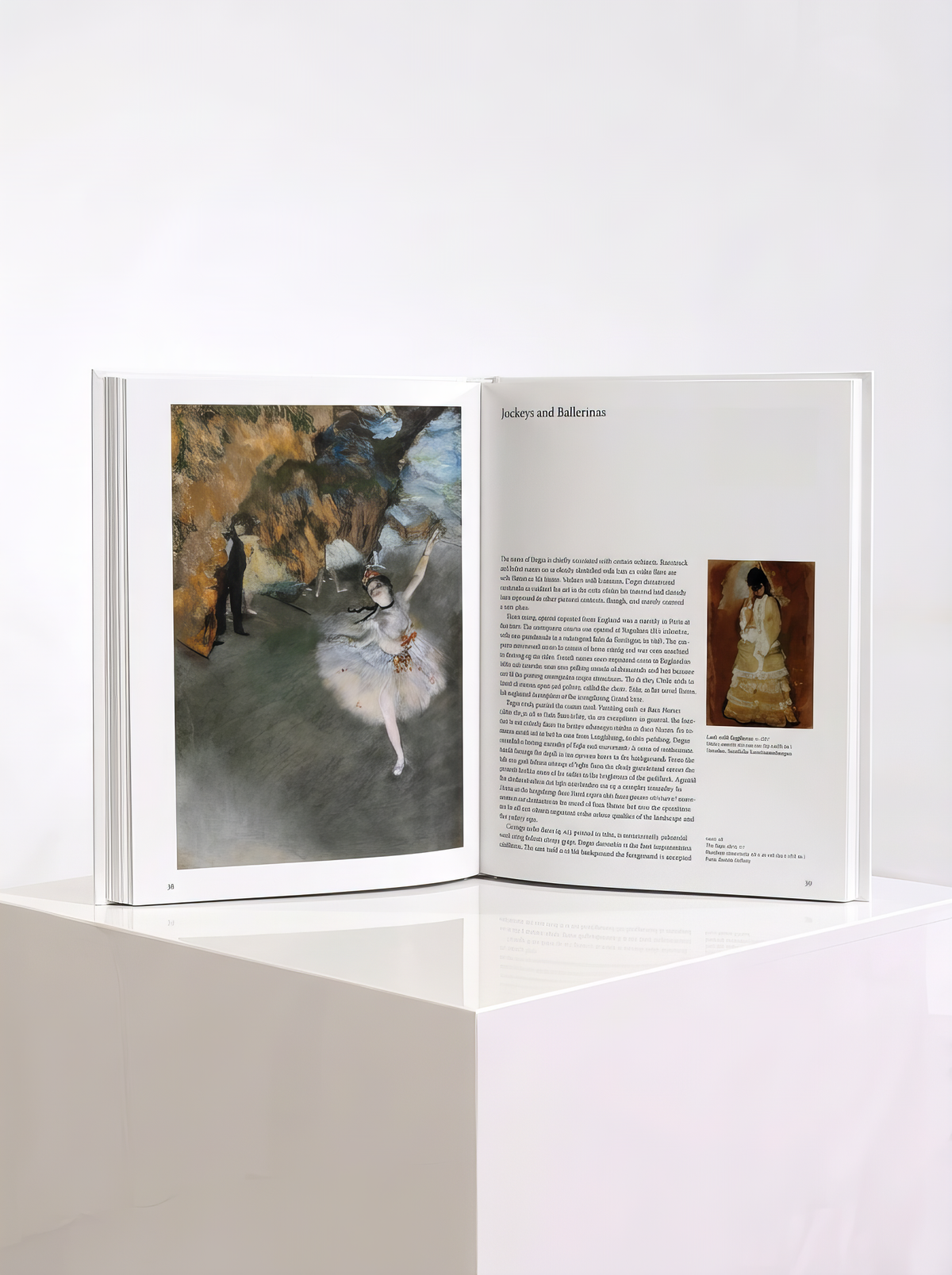 Open TASCHEN Degas art book showing a ballerina on the left and illustrated text under “Jockeys and Ballerinas” on the right.
