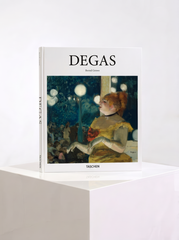 Degas hardcover art book by Bernd Growe, published by TASCHEN, with a woman in a yellow dress on the cover, displayed on a white plinth.
