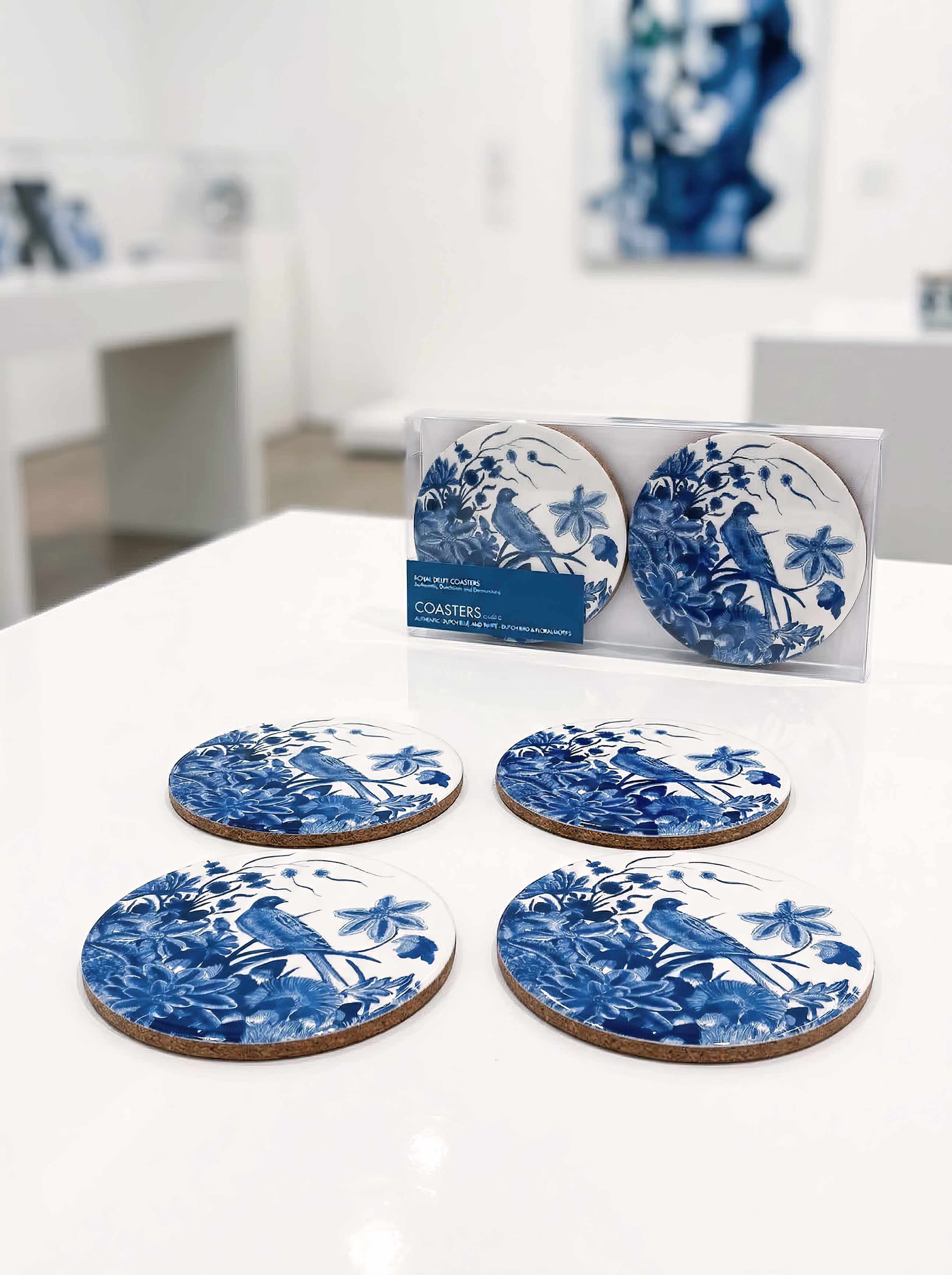 Delft Blue Birds set of 4 round coasters with gift box in museum setting — art souvenir gift for him or her | ArtyGifts