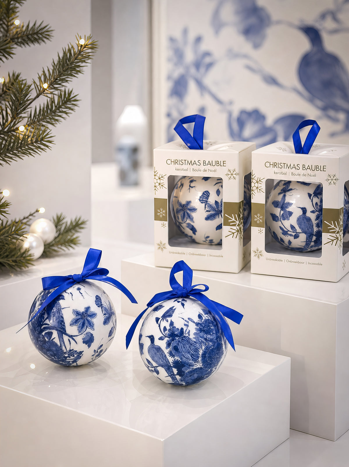 Delft Blue birds and floral design Christmas bauble with cobalt blue ribbon on a white pedestal next to its gift box, with a Delft Blue artwork and Christmas tree in the background – officially licensed Rijksmuseum collection museum art ornament, 7 cm diameter, unbreakable. A unique Dutch heritage Christmas gift from ArtyGifts.