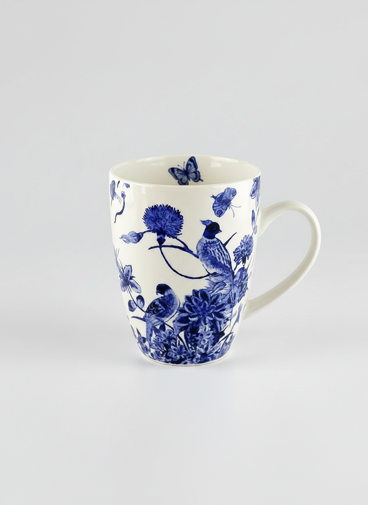 Delft Blue Birds porcelain mug front view – blue and white ceramic bird design, ArtyGifts
