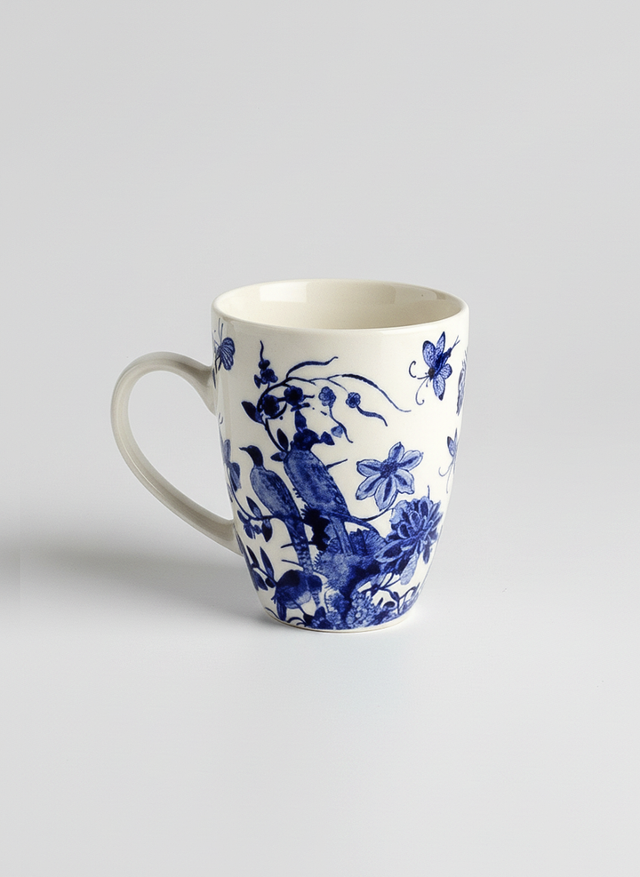 Delft Blue Birds porcelain mug side view – blue and white Delftware art gift, ArtyGifts