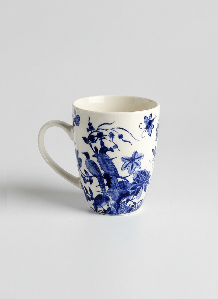 Delft Blue Birds porcelain mug side view – blue and white Delftware art gift, ArtyGifts