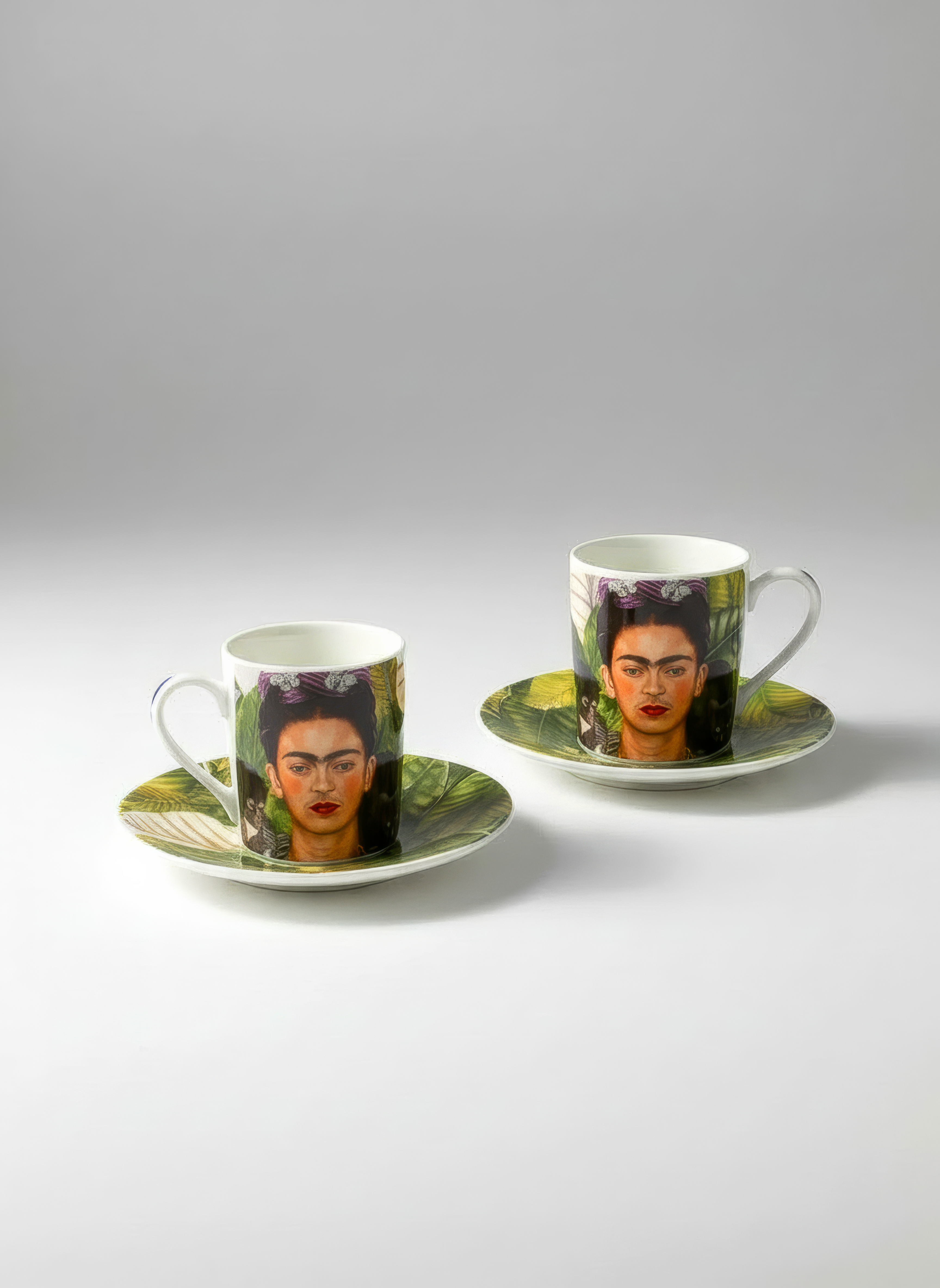 Espresso cup and saucer with Self Portrait Frida Kahlo print on white background — ArtyGifts
