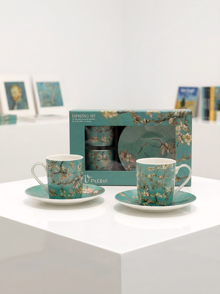 Porcelain Espresso Set of 2 Almond Blossom Vincent van Gogh – museum display with gift box | ArtyGifts
