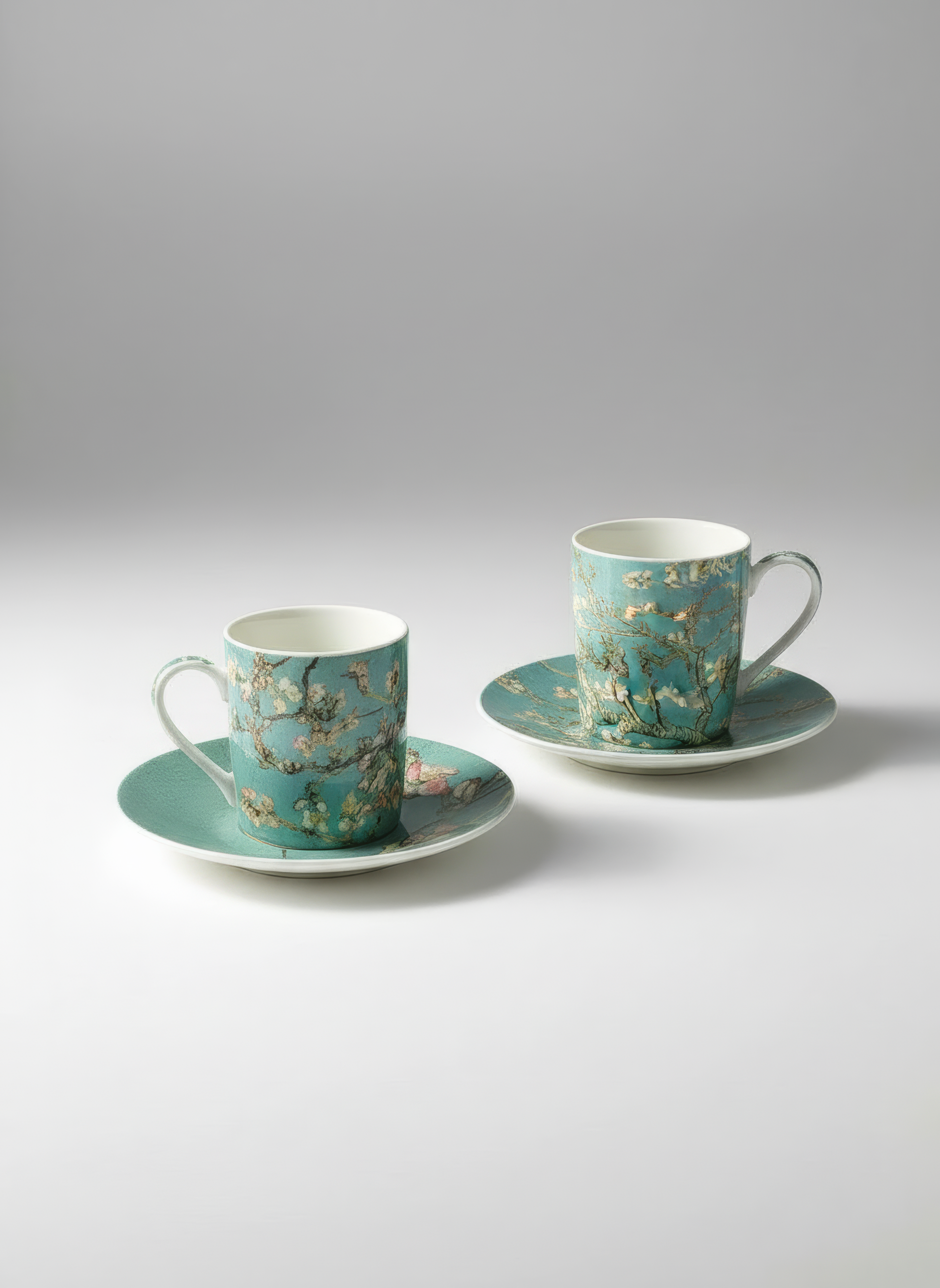 Porcelain Espresso Set of 2 Almond Blossom Vincent van Gogh – two cups and saucers white background | ArtyGifts
