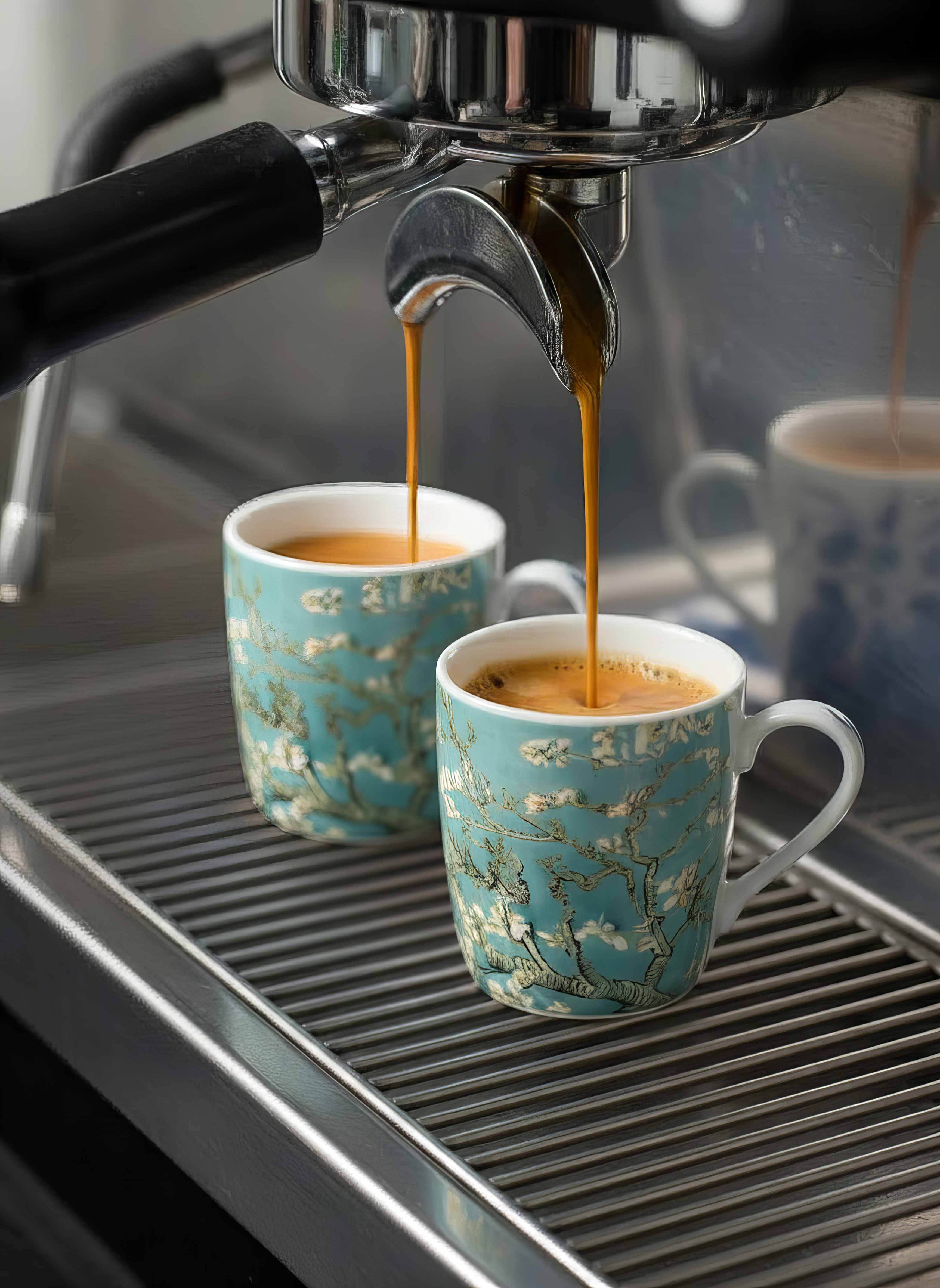 Porcelain Espresso Set of 2 Almond Blossom Vincent van Gogh – lifestyle espresso machine brewing | ArtyGifts
