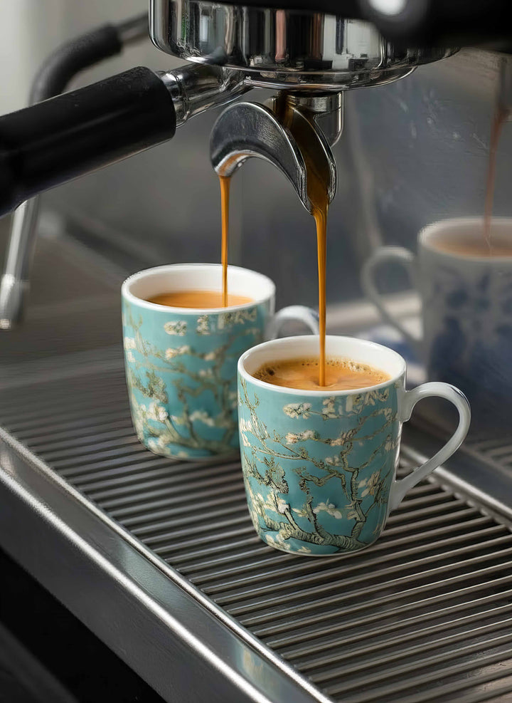 Porcelain Espresso Set of 2 Almond Blossom Vincent van Gogh – lifestyle espresso machine brewing | ArtyGifts

