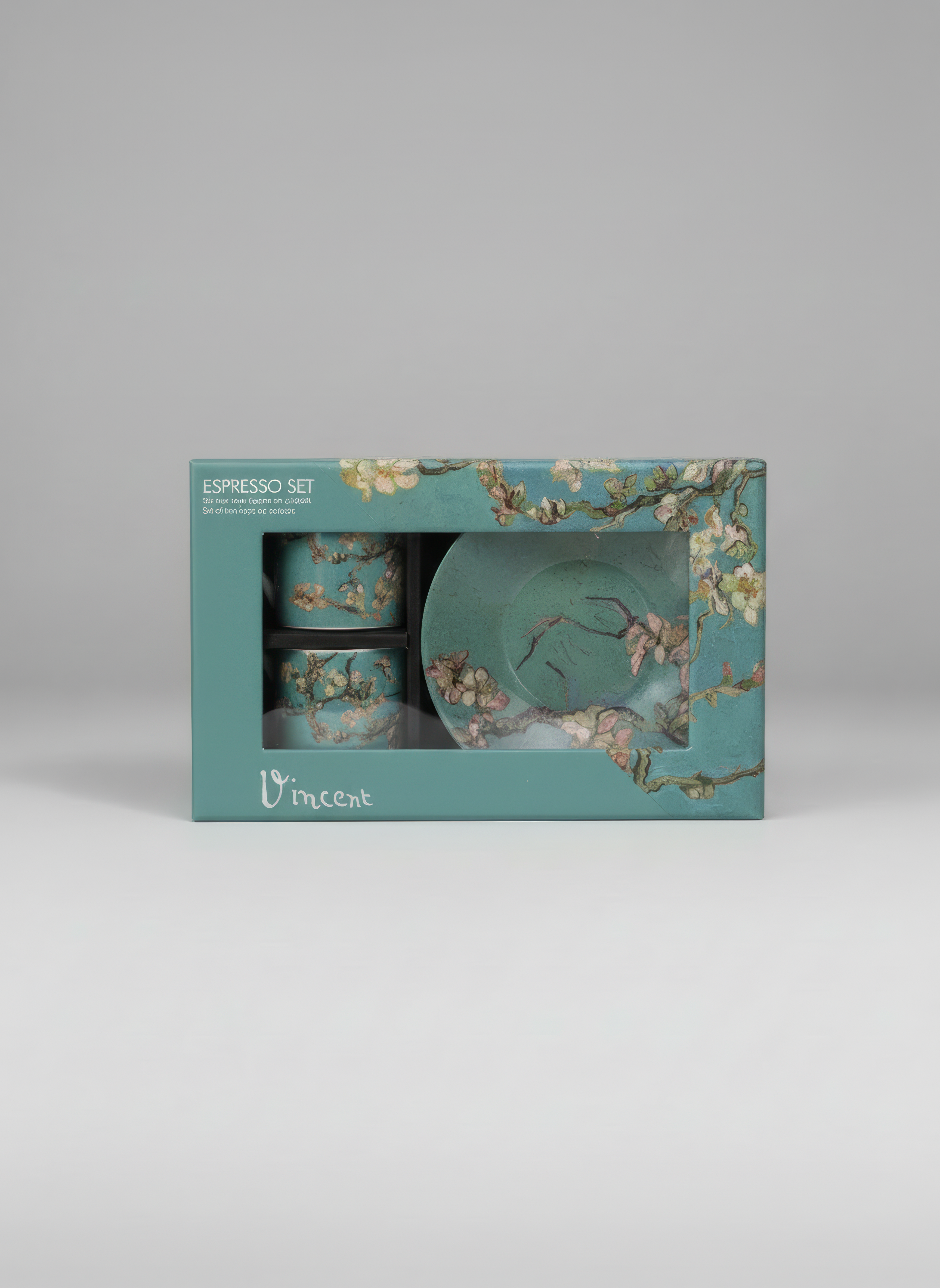 Porcelain Espresso Set of 2 Almond Blossom Vincent van Gogh – gift box packaging front view | ArtyGifts
