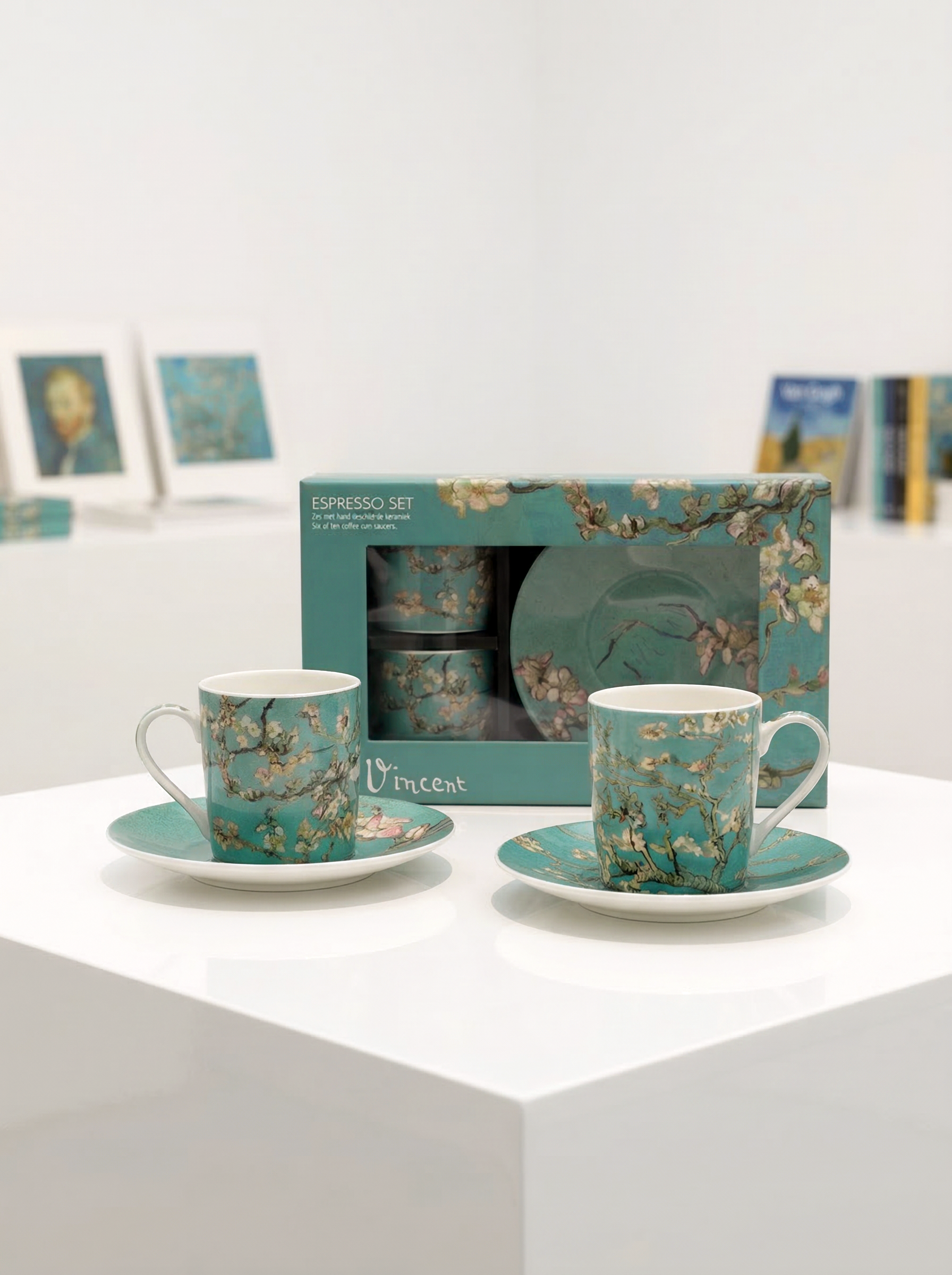 Almond Blossom espresso set with gift box in museum setting – Van Gogh Museum Amsterdam, ArtyGifts