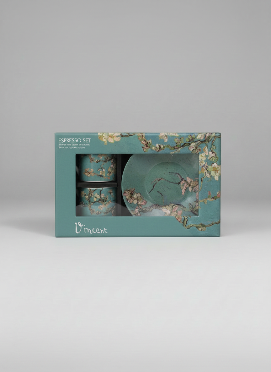 Almond Blossom espresso set gift box – eco-friendly packaging, ArtyGifts