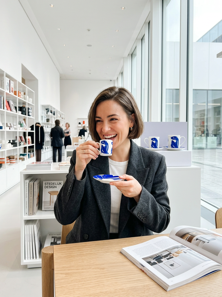 Woman enjoying espresso from Matisse Blue Nude II cup — art-inspired homeware by ArtyGifts
