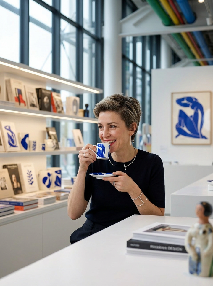 Woman browsing Matisse Blue Nude II espresso set in museum shop — ArtyGifts
