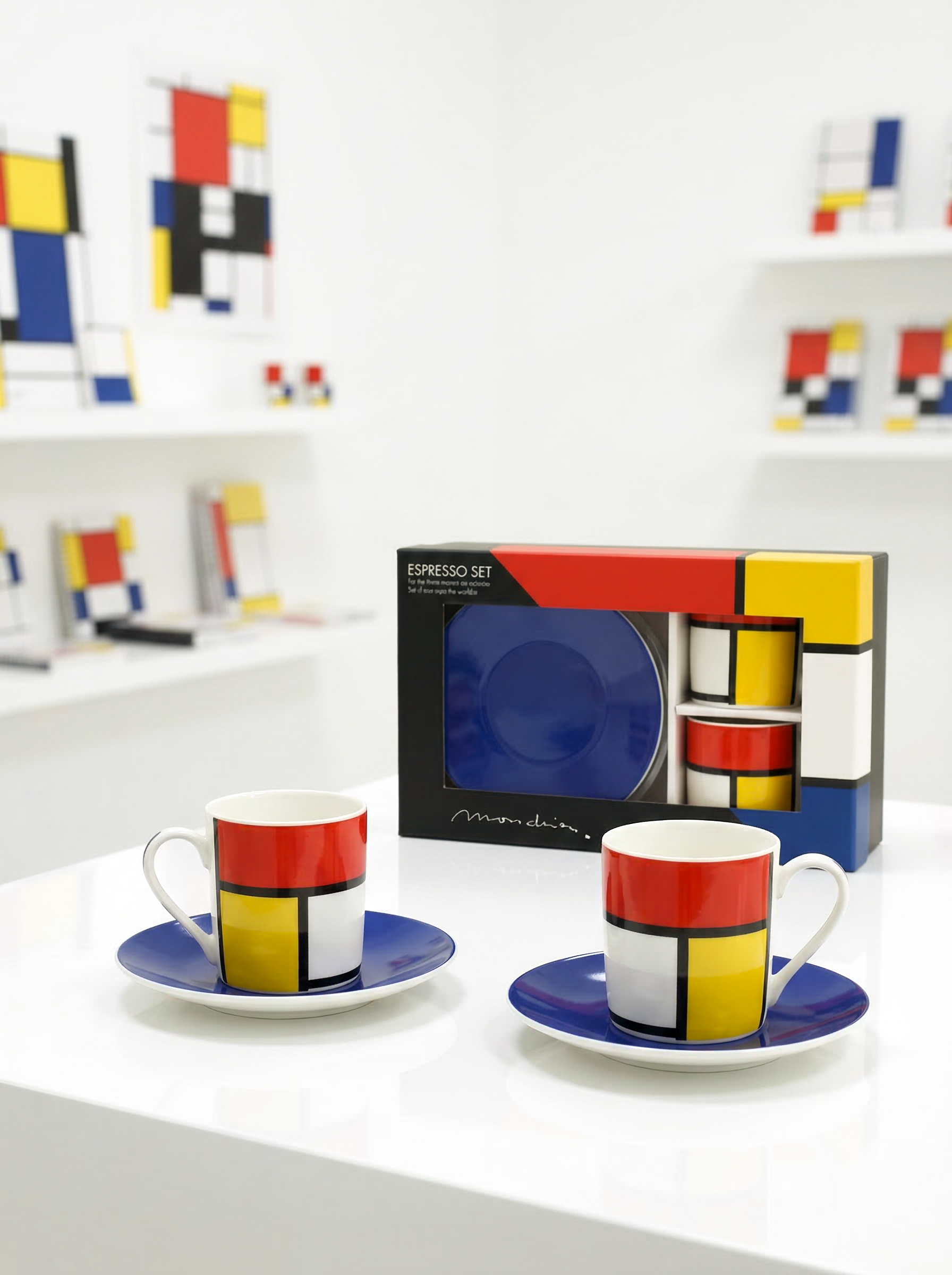 Two coffee cups with saucers and a matching box on a white surface, with abstract art in the background.