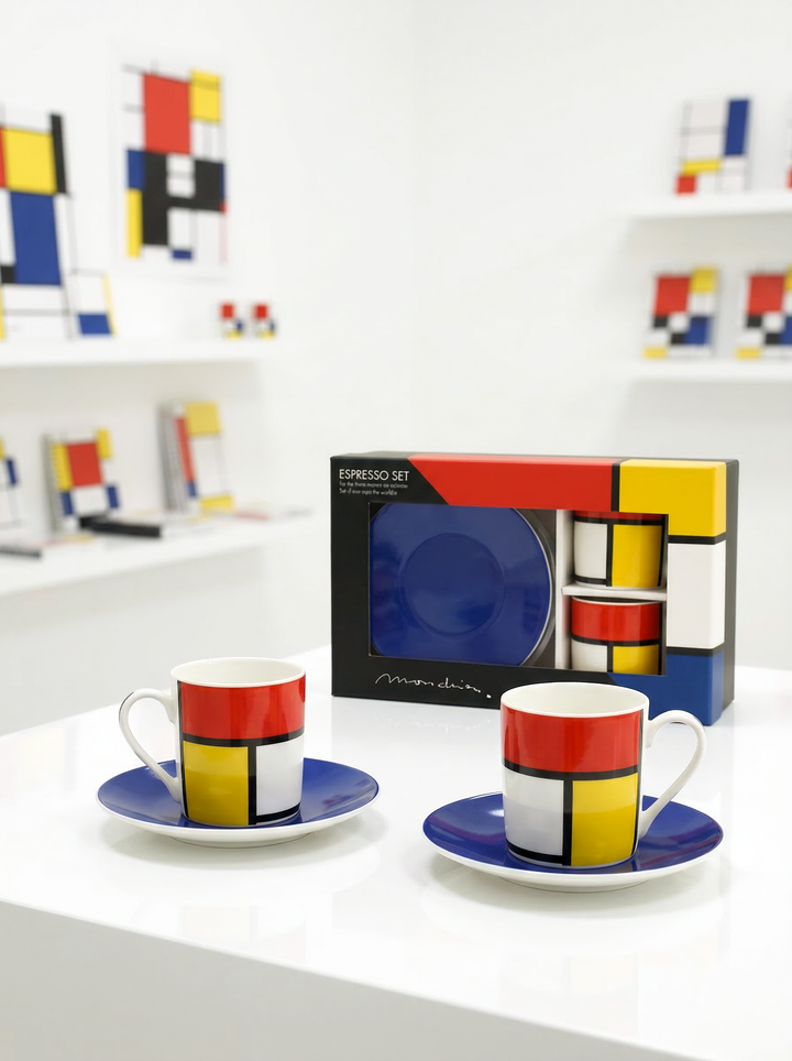 Two coffee cups with saucers and a matching box on a white surface, with abstract art in the background.