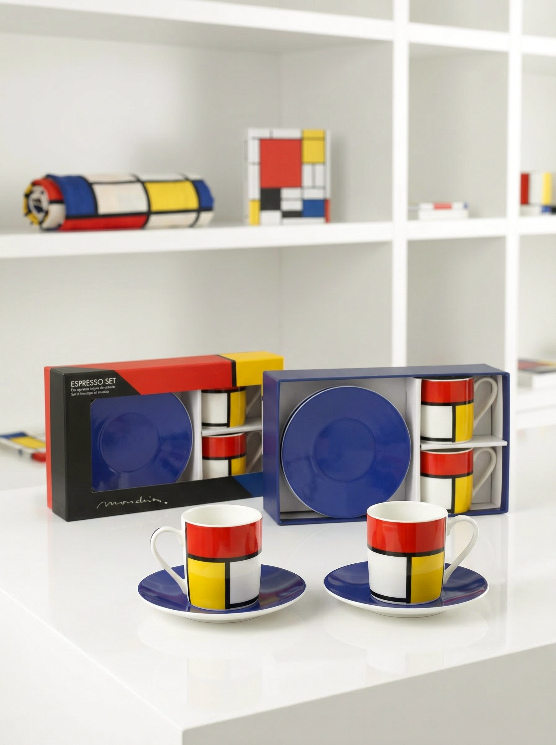 Espresso set Composition Piet Mondrian – cups and saucers displayed on shelf with art decor | ArtyGifts