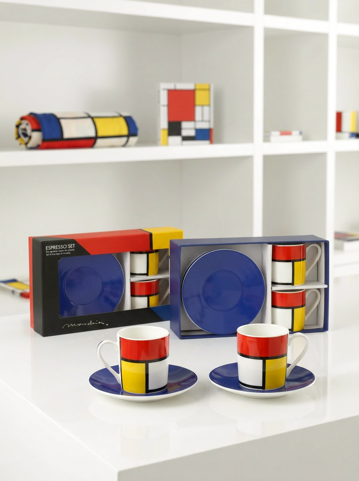 Espresso set Composition Piet Mondrian – cups and saucers displayed on shelf with art decor | ArtyGifts