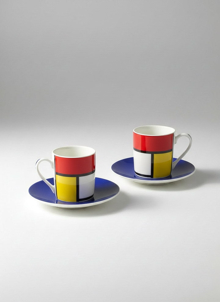 Two ceramic cups with saucers featuring a Mondrian-style design on a gray background